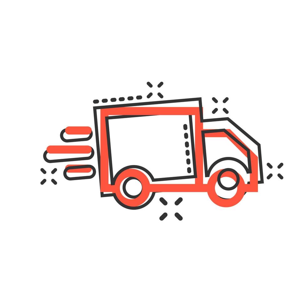 Delivery truck sign icon in comic style. Van vector cartoon illustration on white isolated background. Cargo car business concept splash effect.