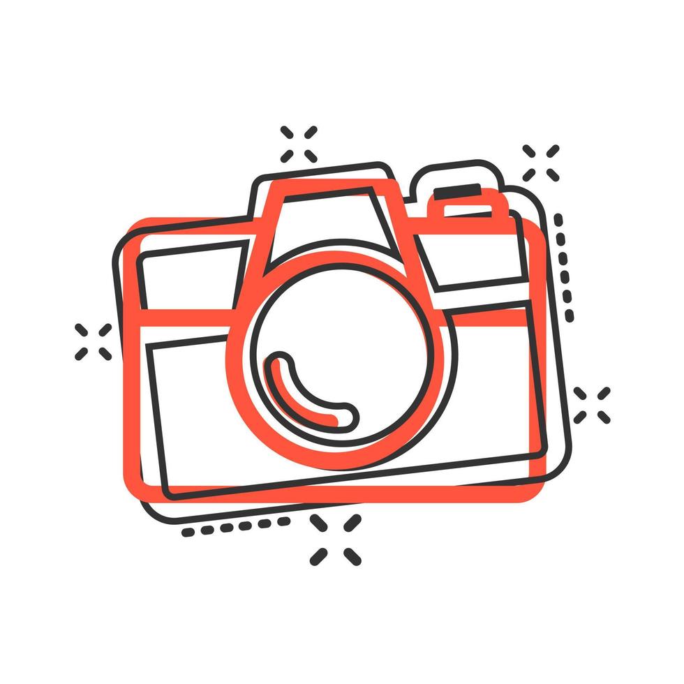 Camera device sign icon in comic style. Photography vector cartoon illustration on white isolated background. Cam equipment business concept splash effect.