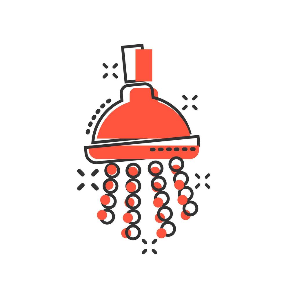 icono de signo de ducha en estilo cómico. ilustración de dibujos animados de vector de dispositivo de agua de baño sobre fondo blanco aislado. lavar el efecto de salpicadura del concepto de negocio.