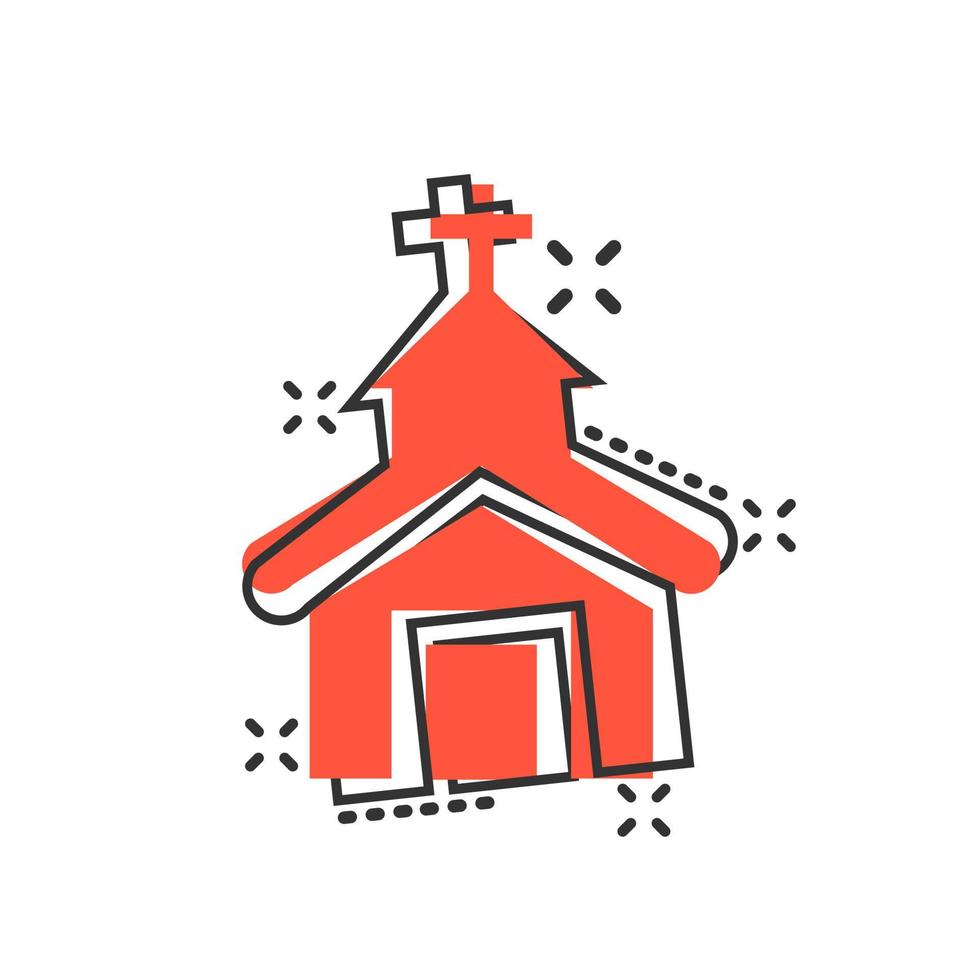 icono de la iglesia en estilo cómico. ilustración de dibujos animados de vector de capilla sobre fondo blanco aislado. efecto de salpicadura de concepto de negocio de edificio religioso.