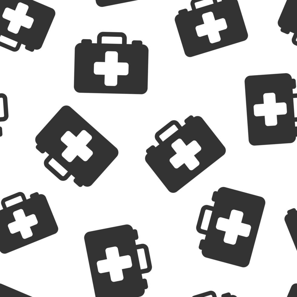 First aid kit icon seamless pattern background. Health, help and medical diagnostics vector illustration on white isolated background. Doctor bag business concept.