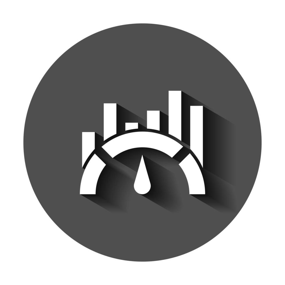 Benchmark measure icon in flat style. Dashboard rating vector illustration on black round background with long shadow. Progress service business concept.