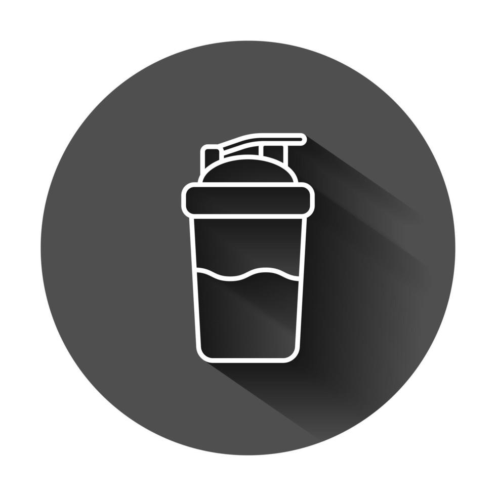 Shaker icon in flat style. Sport bottle vector illustration on black round background with long shadow. Fitness container business concept.