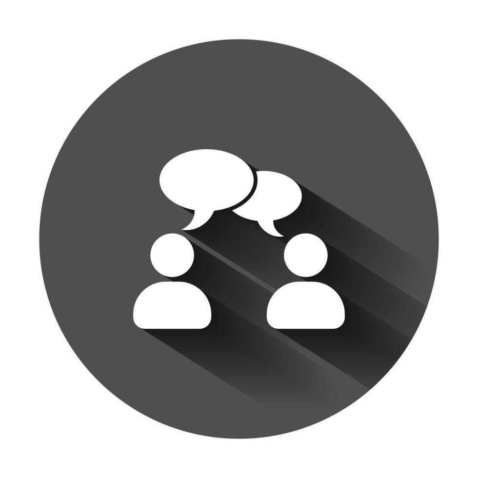 Speak chat sign icon in flat style. Bubble dialog vector illustration on black round background with long shadow. Team discussion button business concept.