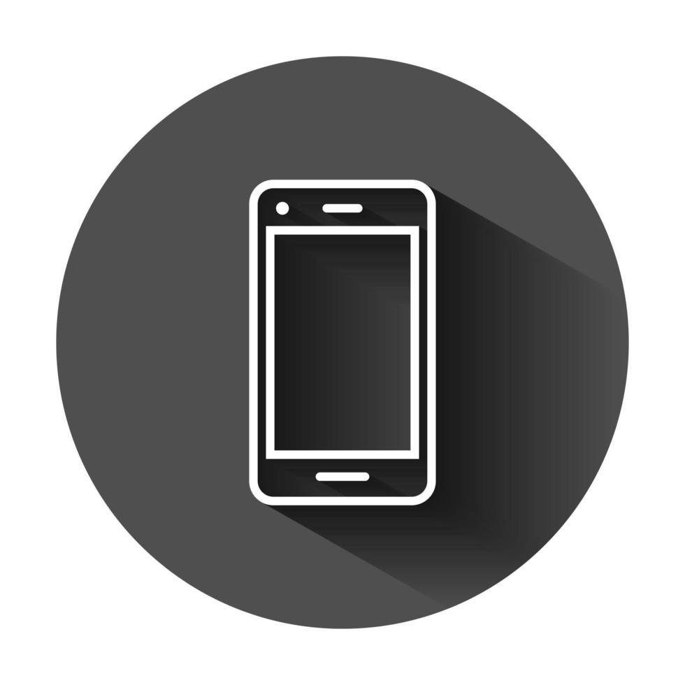 teléfono dispositivo firmar icono en plano estilo. teléfono inteligente vector ilustración en negro redondo antecedentes con largo sombra. teléfono negocio concepto.