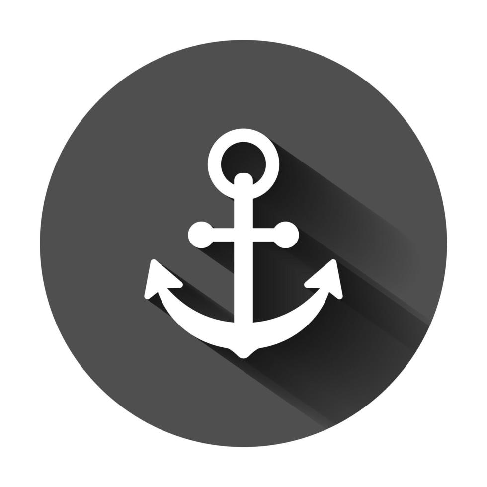 Boat anchor sign icon in flat style. Maritime equipment vector illustration on black round background with long shadow. Sea security business concept.