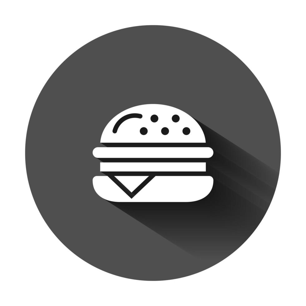 Burger sign icon in flat style. Hamburger vector illustration on black round background with long shadow. Cheeseburger business concept.