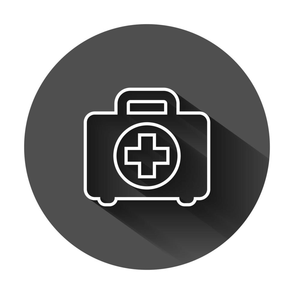 First aid kit icon in flat style. Health, help and medical diagnostics vector illustration on black round background with long shadow. Doctor bag business concept.