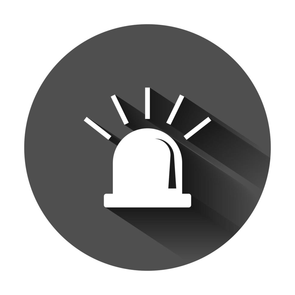 Emergency siren icon in flat style. Police alarm vector illustration on black round background with long shadow. Medical alert business concept.