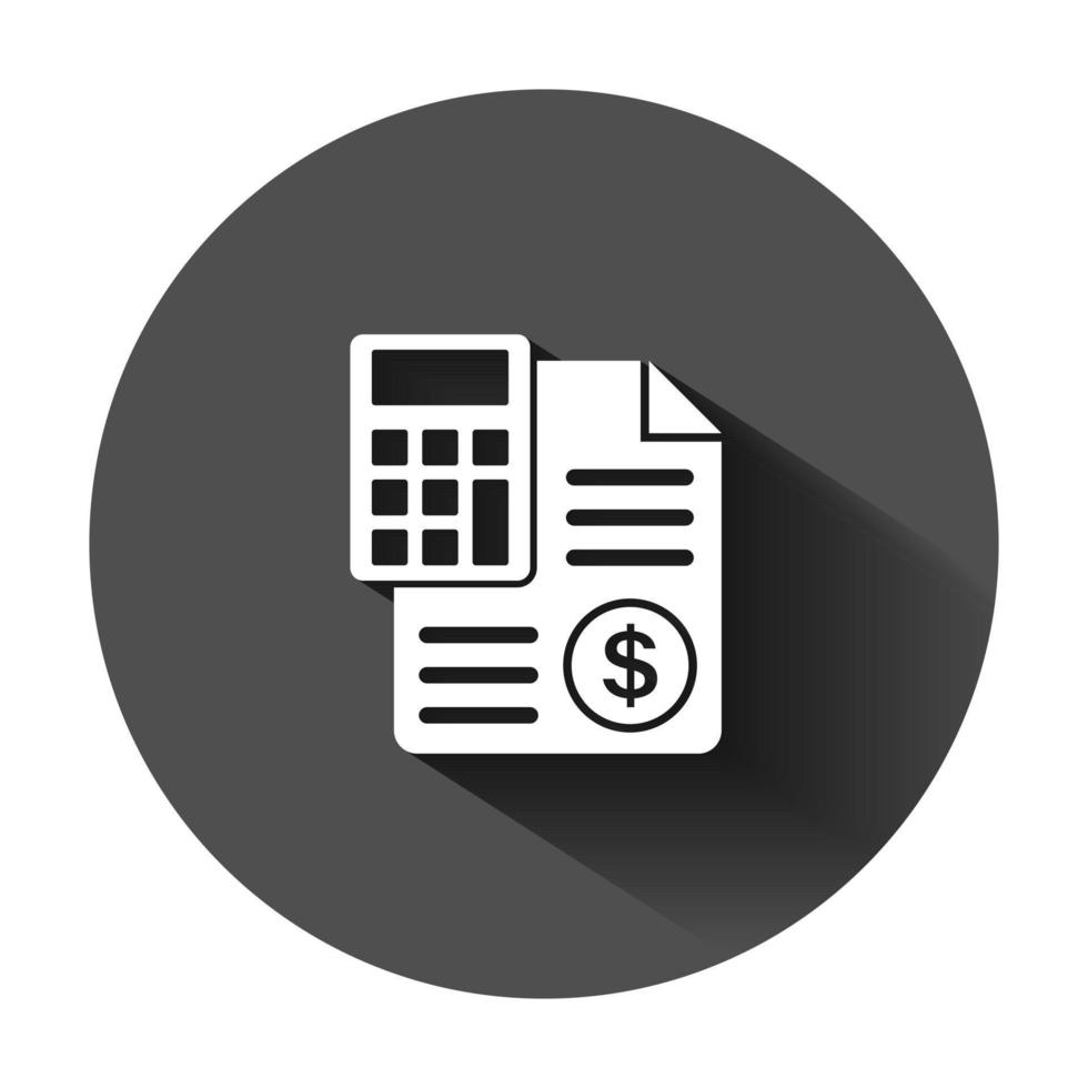 Money calculation icon in flat style. Budget banking vector illustration on black round background with long shadow. Financial payment business concept.