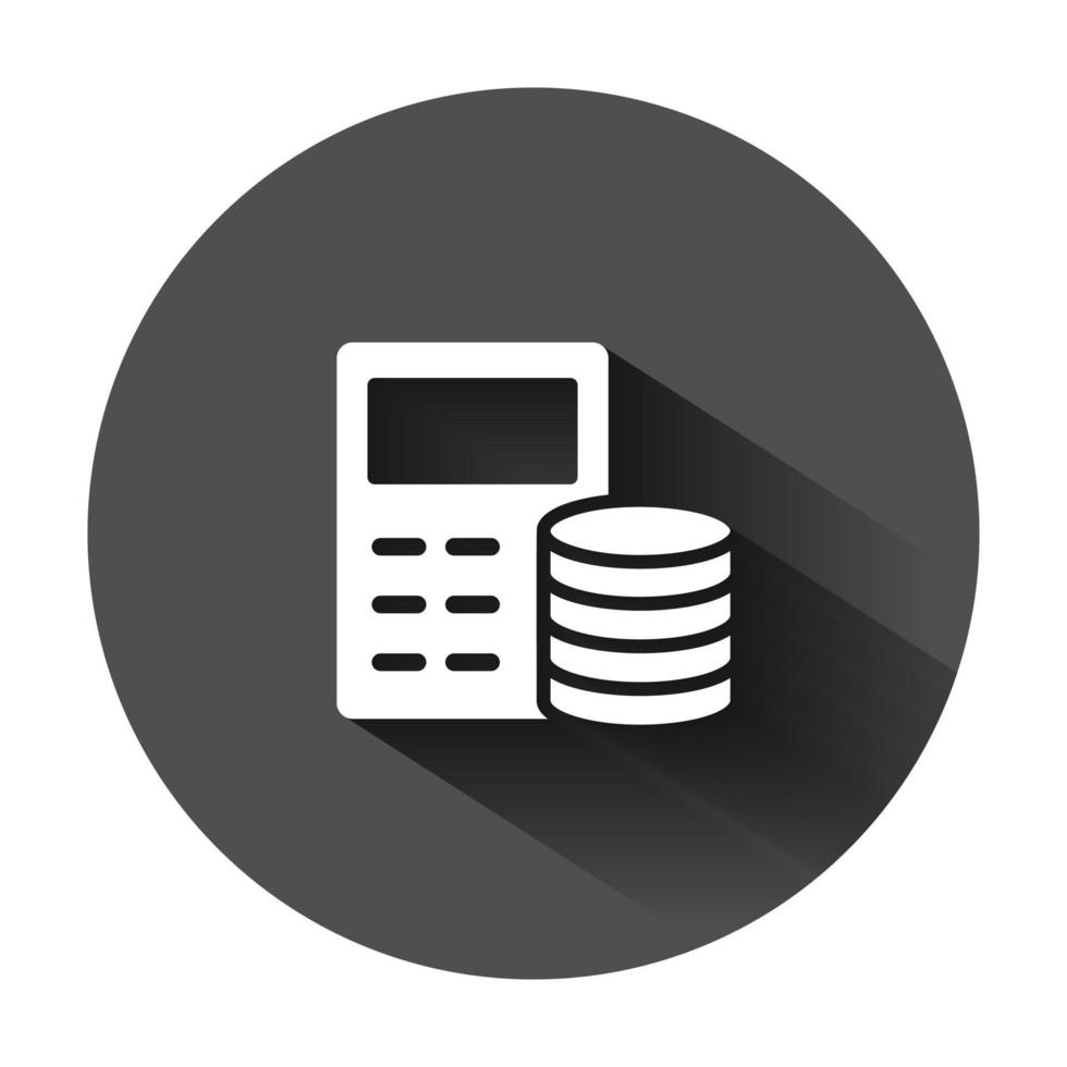 Money calculation icon in flat style. Budget banking vector illustration on black round background with long shadow. Financial payment business concept.