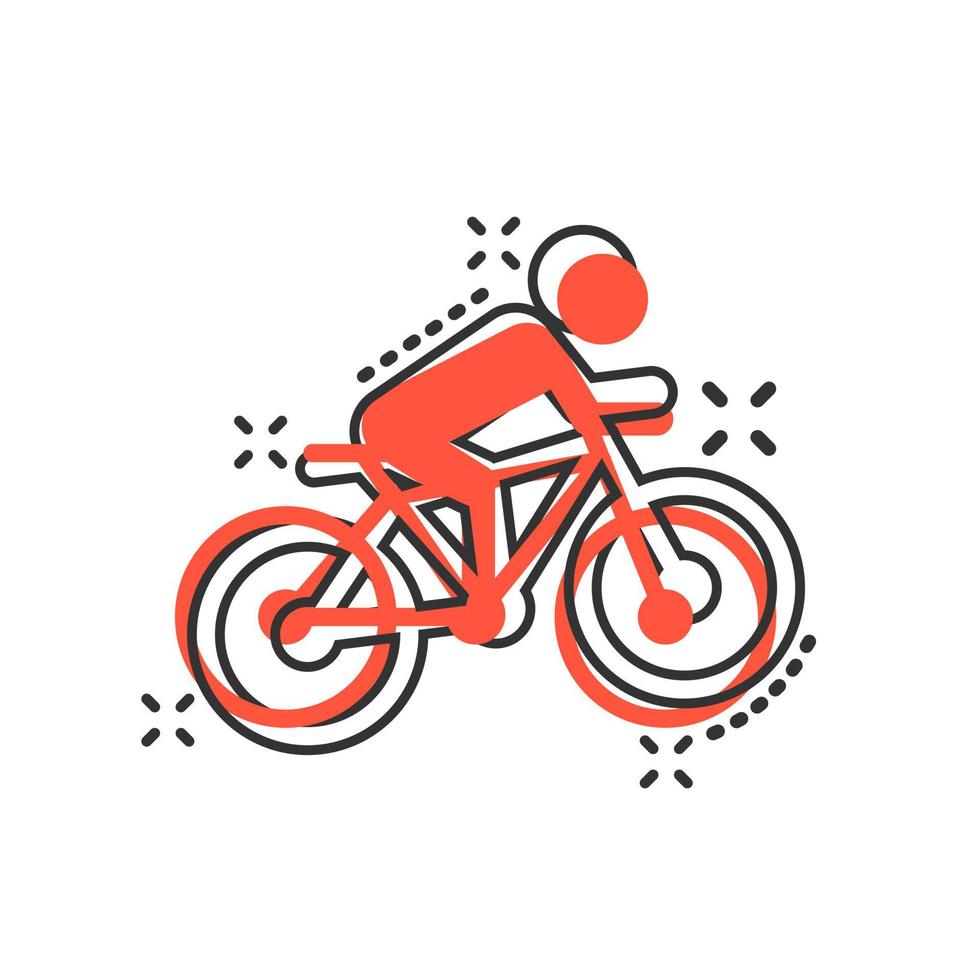 gente en icono de signo de bicicleta en estilo cómico. ilustración de dibujos animados de vector de bicicleta sobre fondo blanco aislado. efecto de salpicadura de concepto de negocio de ciclismo de hombres.