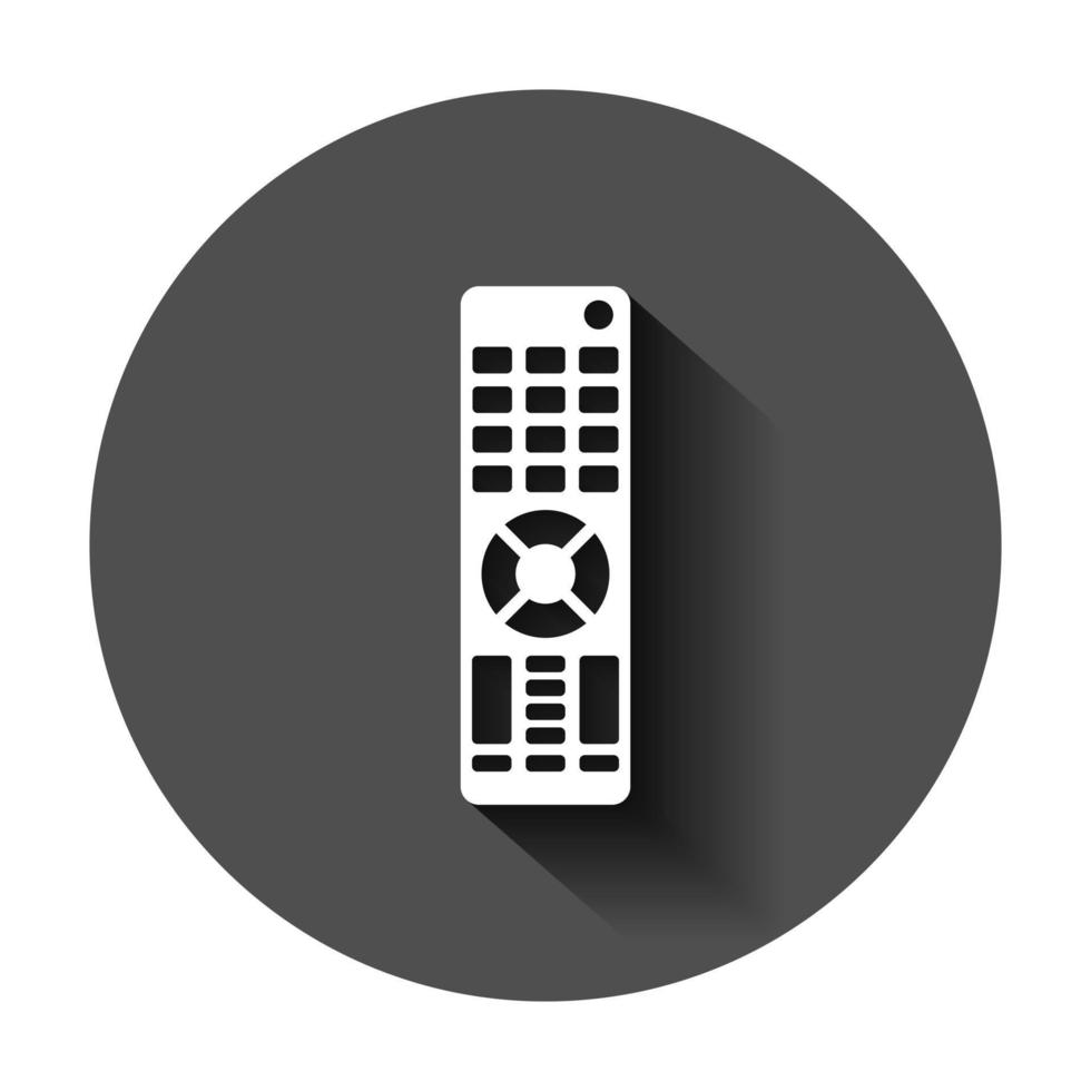 Remote control icon in flat style. Infrared controller vector illustration on black round background with long shadow. Tv keypad business concept.