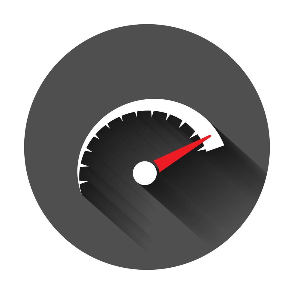 Speedometer level sign icon in flat style. Accelerate vector illustration on black round background with long shadow. Motion tachometer business concept.