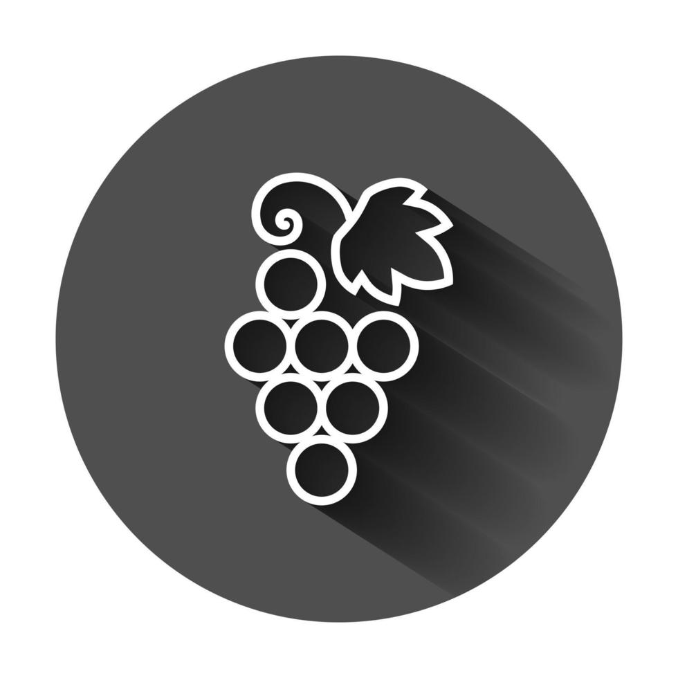 Grape fruits sign icon in flat style. Grapevine vector illustration on black round background with long shadow. Wine grapes business concept.