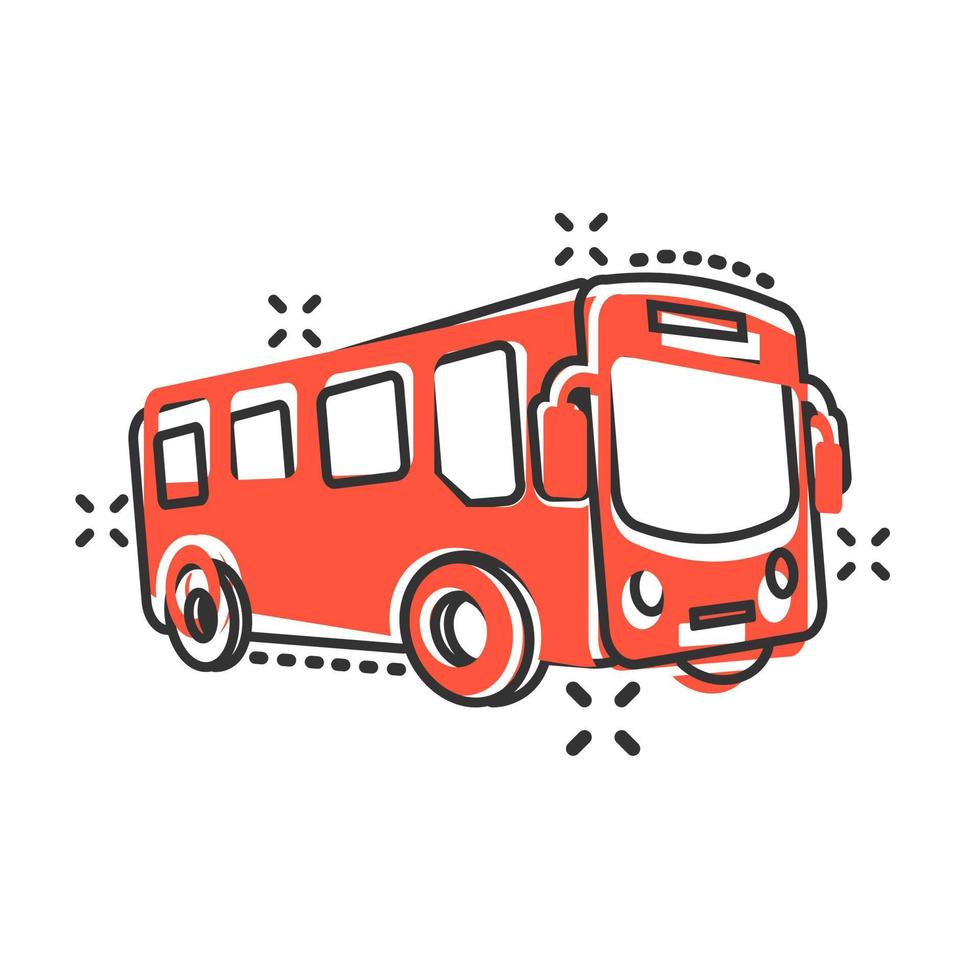 School bus icon in comic style. Autobus vector cartoon illustration on white isolated background. Coach transport business concept splash effect.