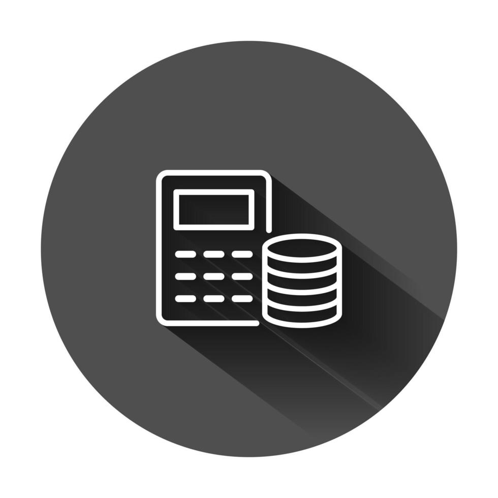 Money calculation icon in flat style. Budget banking vector illustration on black round background with long shadow. Financial payment business concept.
