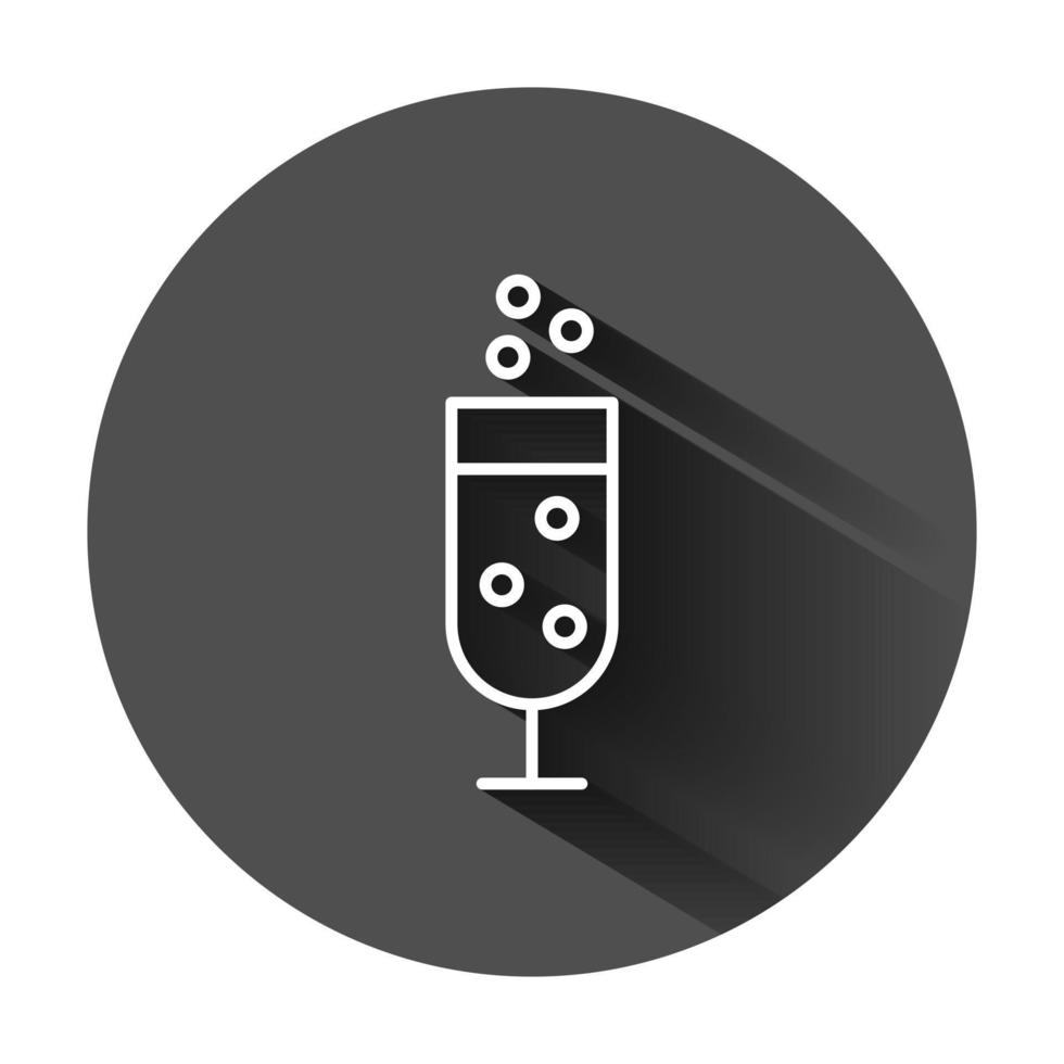 Champagne glass icon in flat style. Alcohol drink vector illustration on black round background with long shadow. Cocktail business concept.