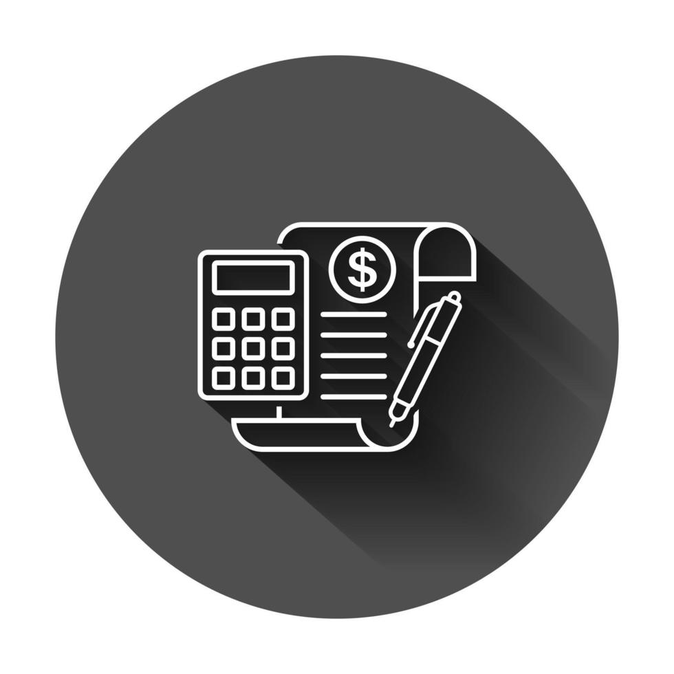 Money calculation icon in flat style. Budget banking vector illustration on black round background with long shadow. Financial payment business concept.