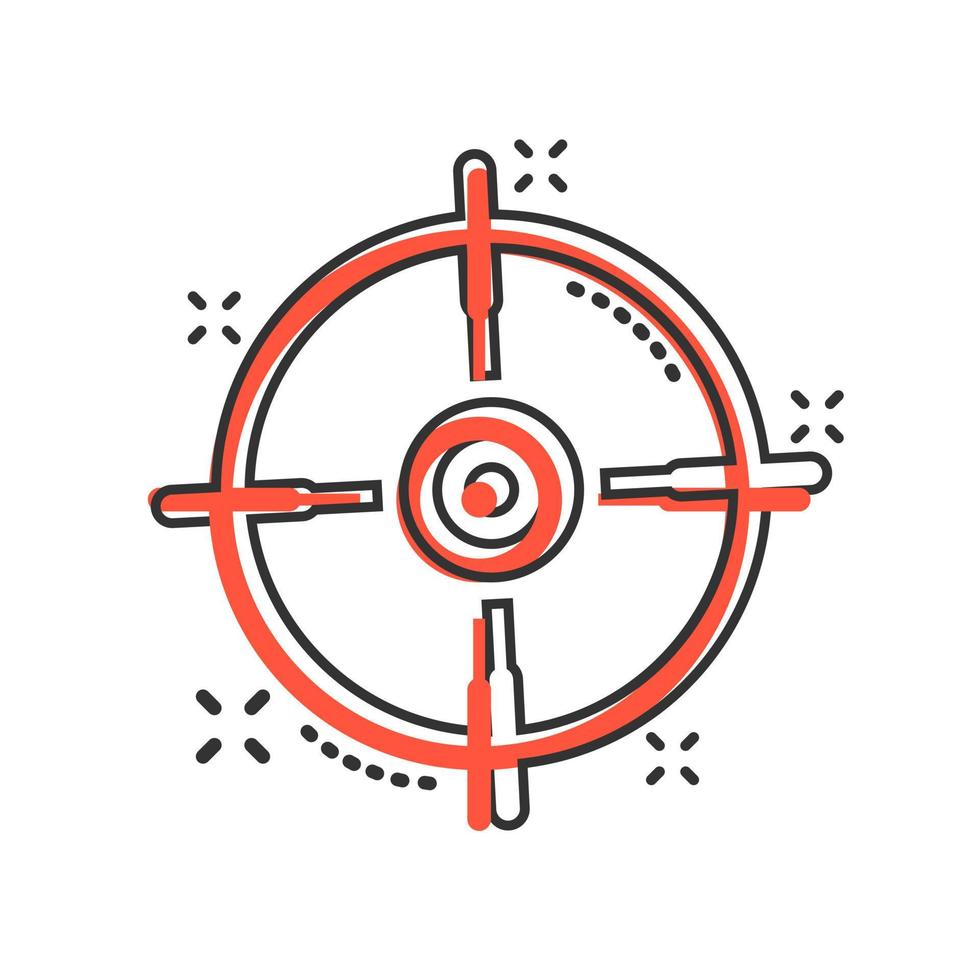 Shooting target vector icon in comic style. Aim sniper symbol cartoon illustration on white background. Target aim business concept splash effect.