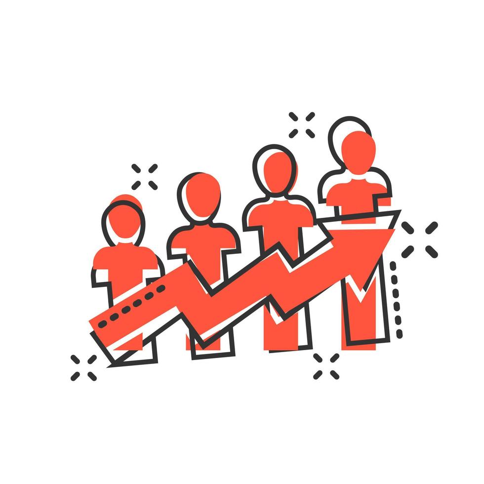 Performance icon in comic style. Career vector cartoon illustration on white isolated background. People with arrow business concept splash effect.