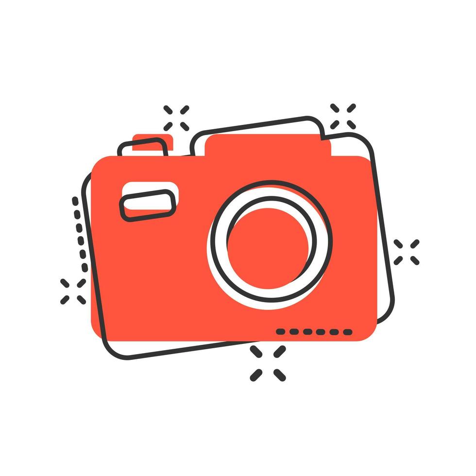 Camera device sign icon in comic style. Photography vector cartoon illustration on white isolated background. Cam equipment business concept splash effect.