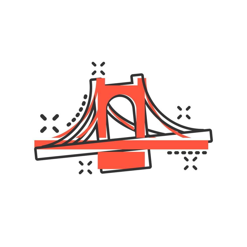 icono de signo de puente en estilo cómico. ilustración de dibujos animados de vector de puente levadizo sobre fondo blanco aislado. efecto de salpicadura de concepto de negocio de carretera.