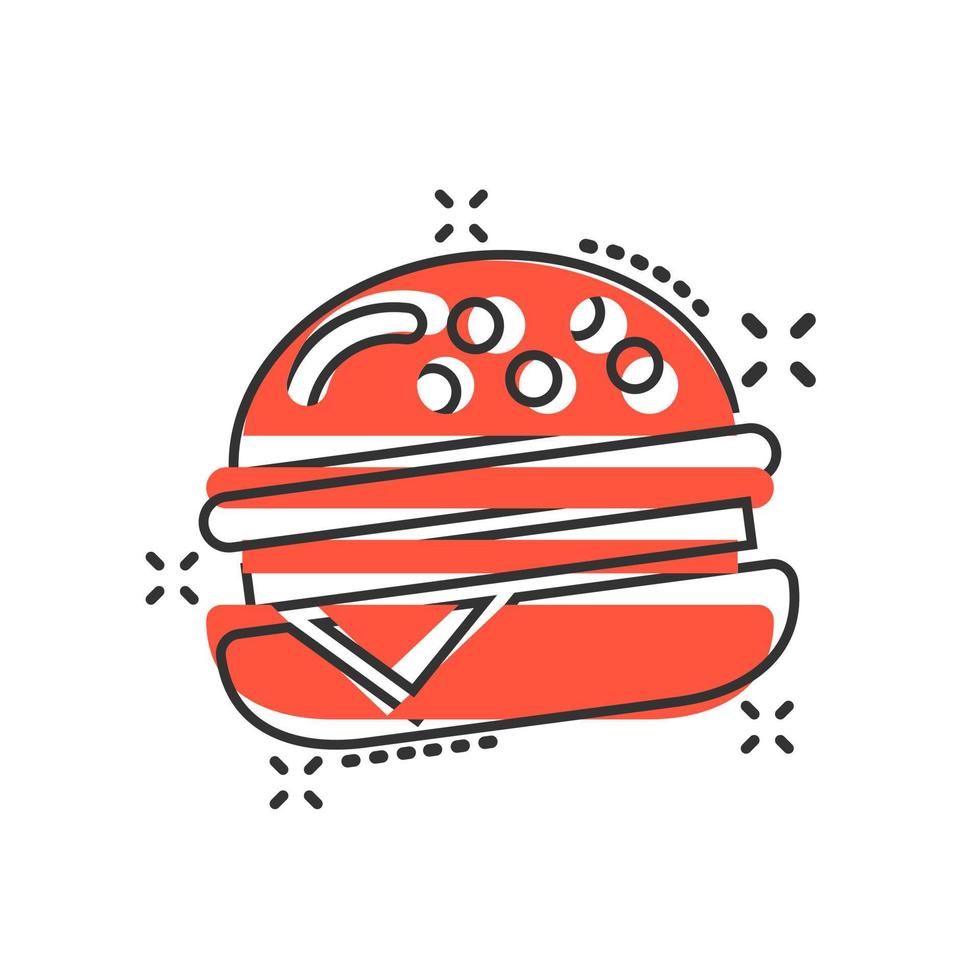 Burger sign icon in comic style. Hamburger vector cartoon illustration on white isolated background. Cheeseburger business concept splash effect.