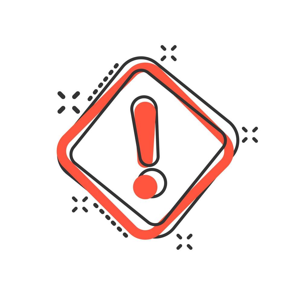 Exclamation mark icon in comic style. Danger alarm vector cartoon illustration on white isolated background. Caution risk business concept splash effect.