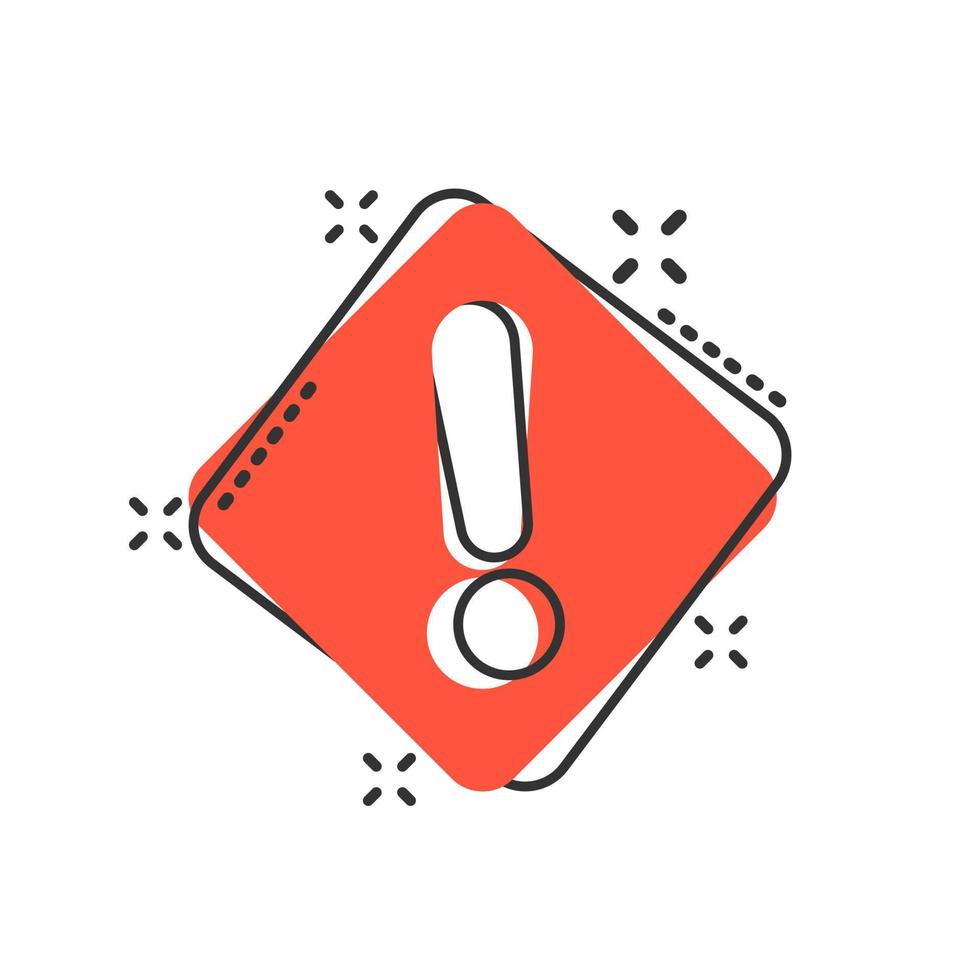 Exclamation mark icon in comic style. Danger alarm vector cartoon illustration on white isolated background. Caution risk business concept splash effect.
