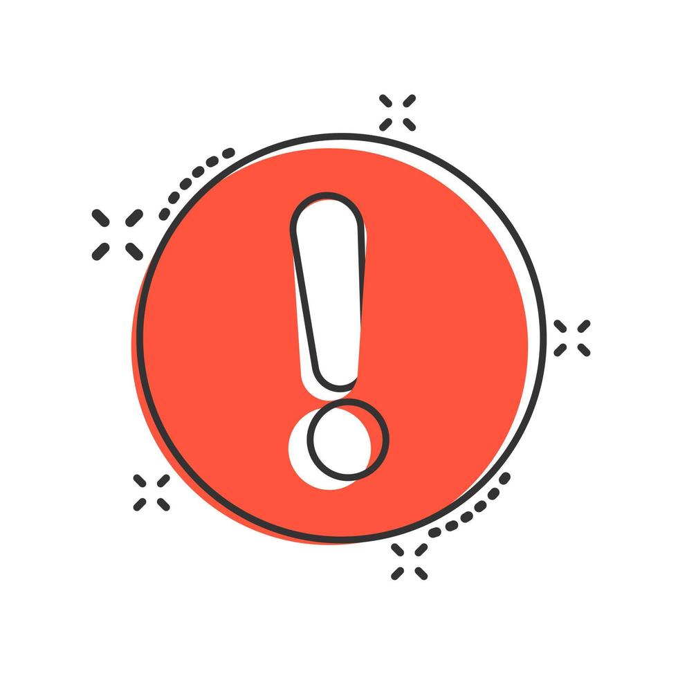 Exclamation mark icon in comic style. Danger alarm vector cartoon illustration on white isolated background. Caution risk business concept splash effect.