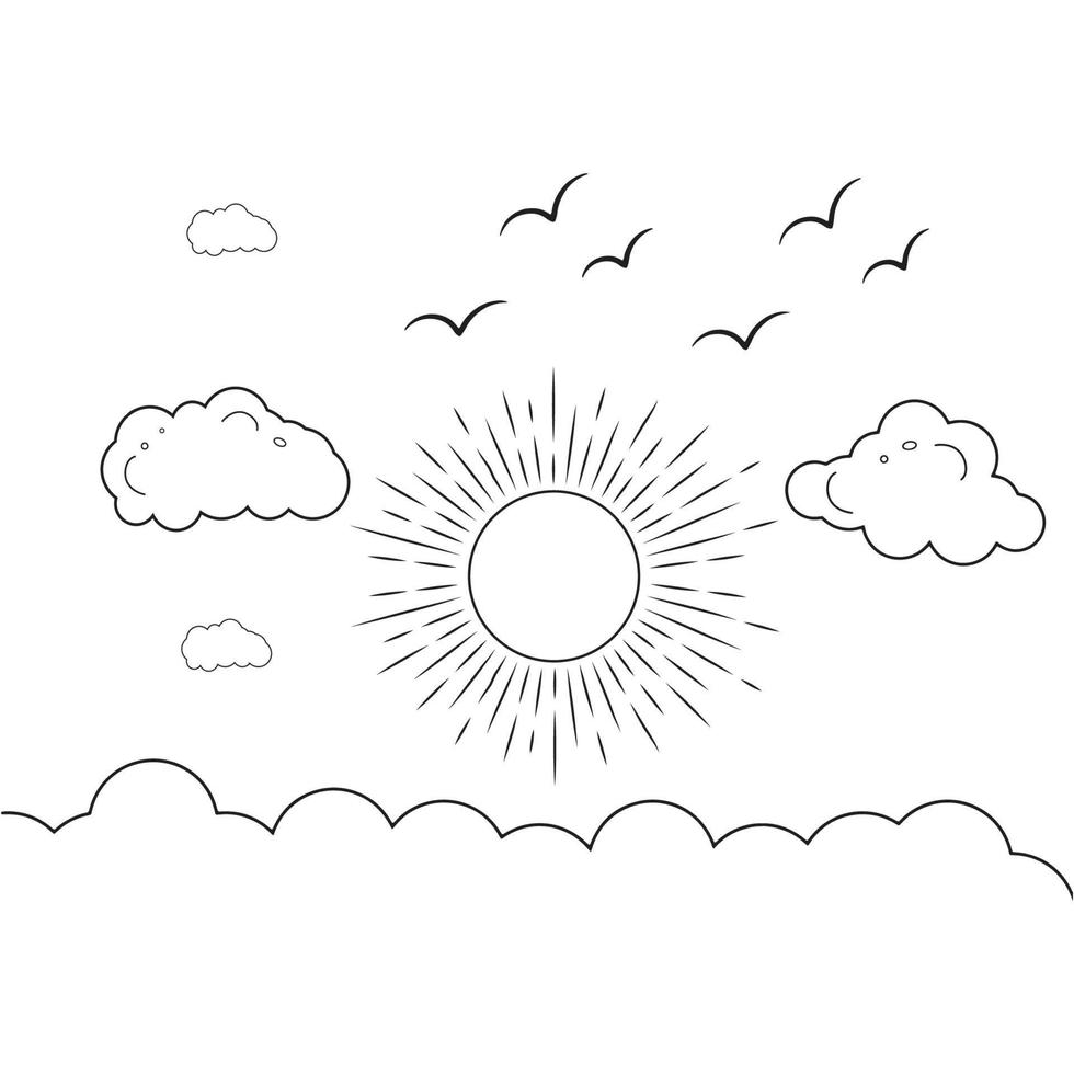 Sun and clouds line art drawing style, Clouds in the sky,sun and Cloud kids drawing for nursery, nature sun weather,clouds weather outline style landscape, Coloring Pages elements vector