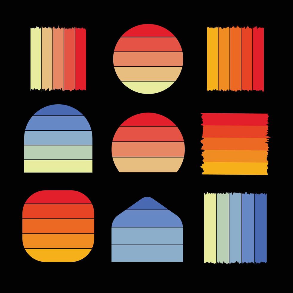 conjunto de Clásico retro puesta de sol ilustraciones vector fondo, 70s Años 80 antiguo color, diferente forma retro puesta de sol estilo colección diseño elemento para pegatina, logo, icono, camiseta, pancartas, huellas dactilares.