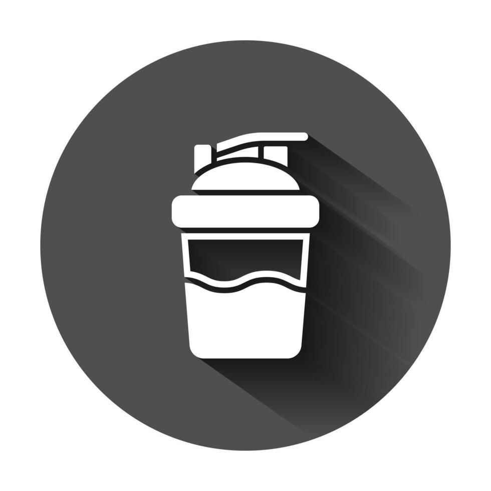 Shaker icon in flat style. Sport bottle vector illustration on black round background with long shadow. Fitness container business concept.