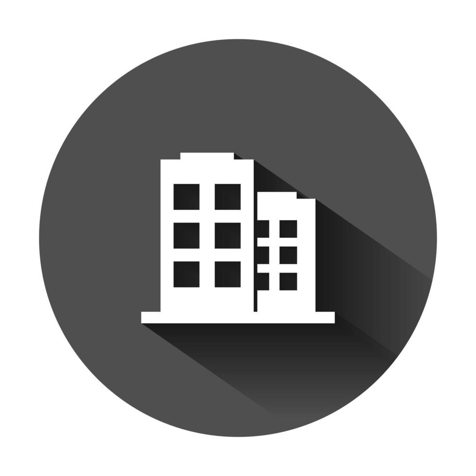 Office building sign icon in flat style. Apartment vector illustration on black round background with long shadow. Architecture business concept.