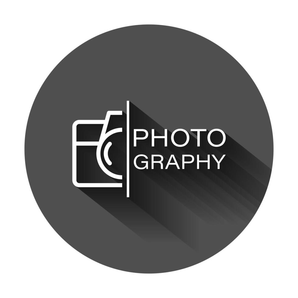 Camera device sign icon in flat style. Photography vector illustration on black round background with long shadow. Cam equipment business concept.