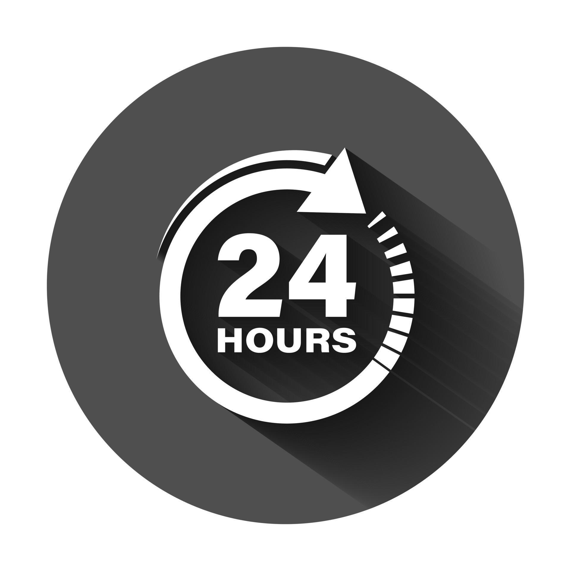 24 hours clock sign icon in flat style. Twenty four hour open vector