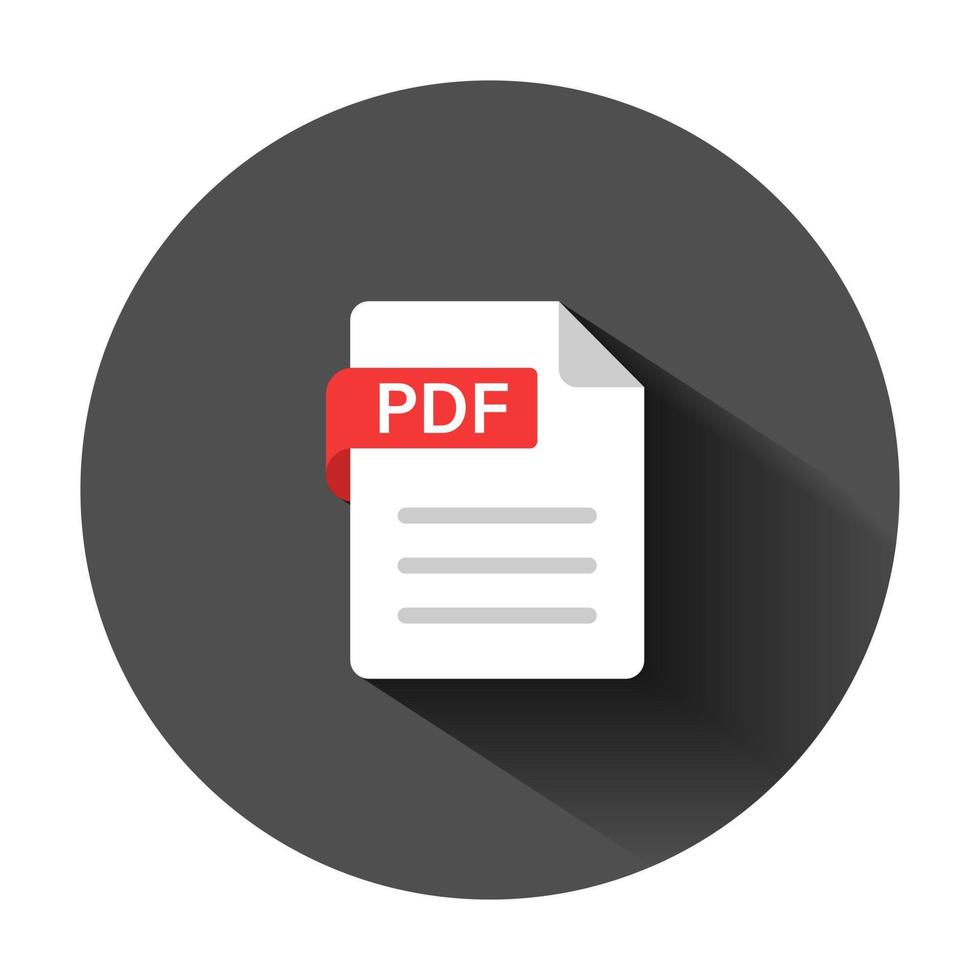 pdf icono en plano estilo. documento texto vector ilustración en negro redondo antecedentes con largo sombra. archivo negocio concepto.