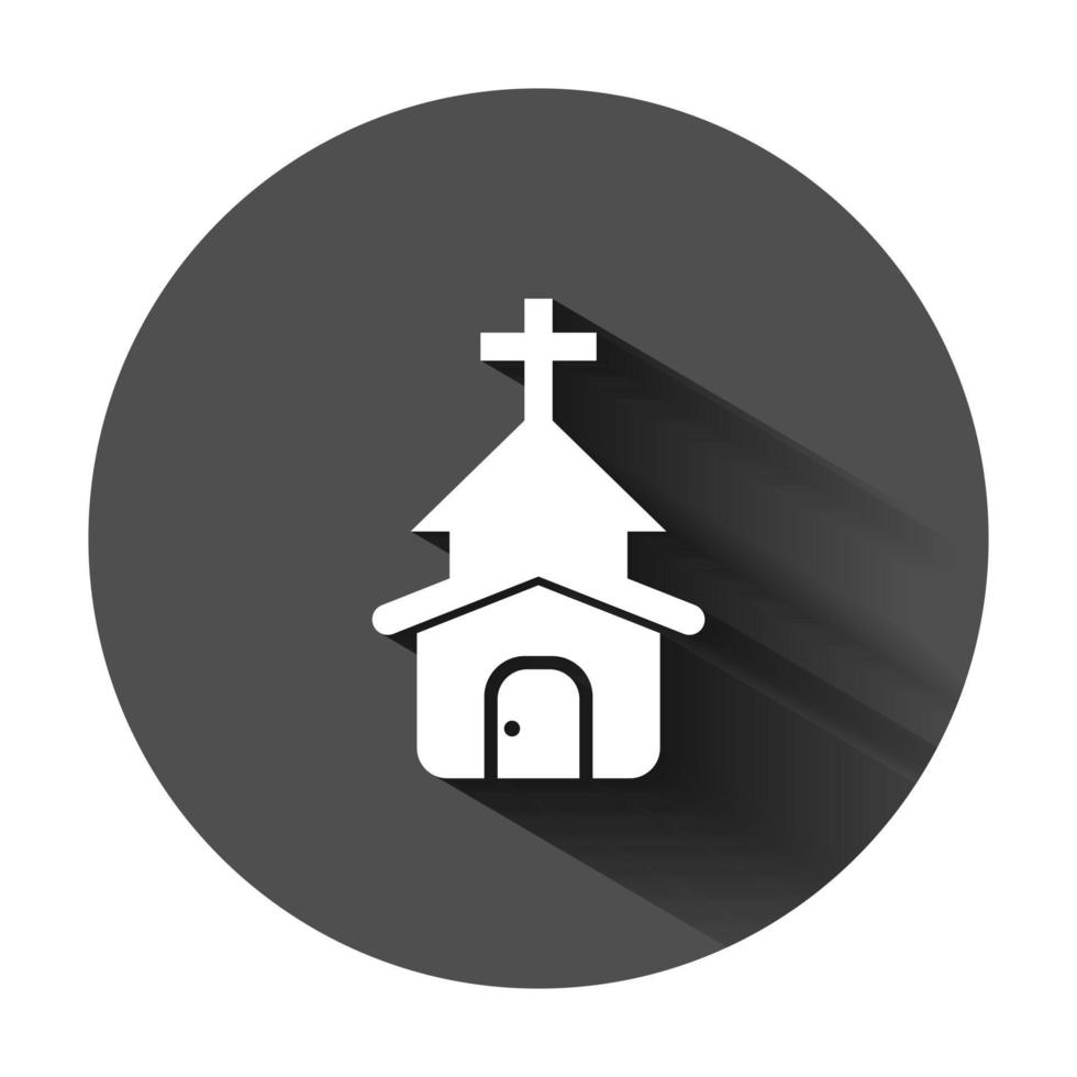 Church icon in flat style. Chapel vector illustration on black round background with long shadow. Religious building business concept.