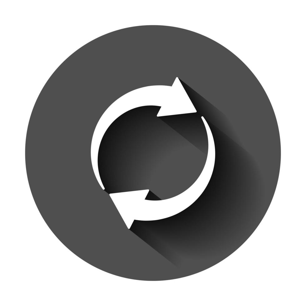 Arrow rotation icon in flat style. Sync action vector illustration on black round background with long shadow. Refresh button business concept.