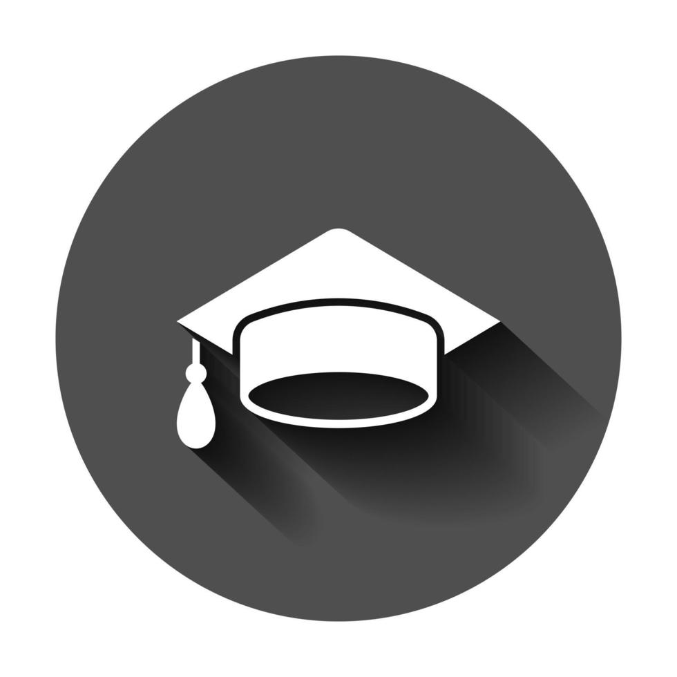 Graduation cap icon in flat style. Education hat vector illustration on black round background with long shadow. University bachelor business concept.