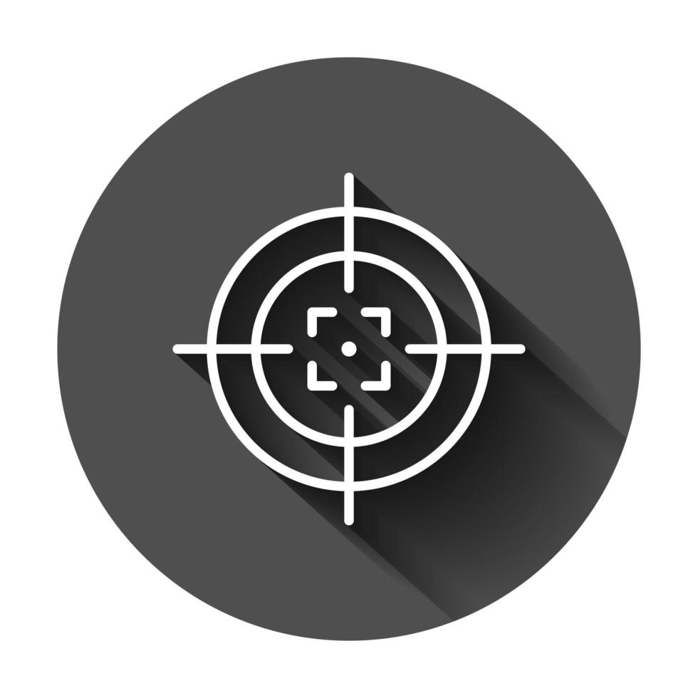 Shooting target vector icon in flat style. Aim sniper symbol illustration on black round background with long shadow. Target aim business concept.