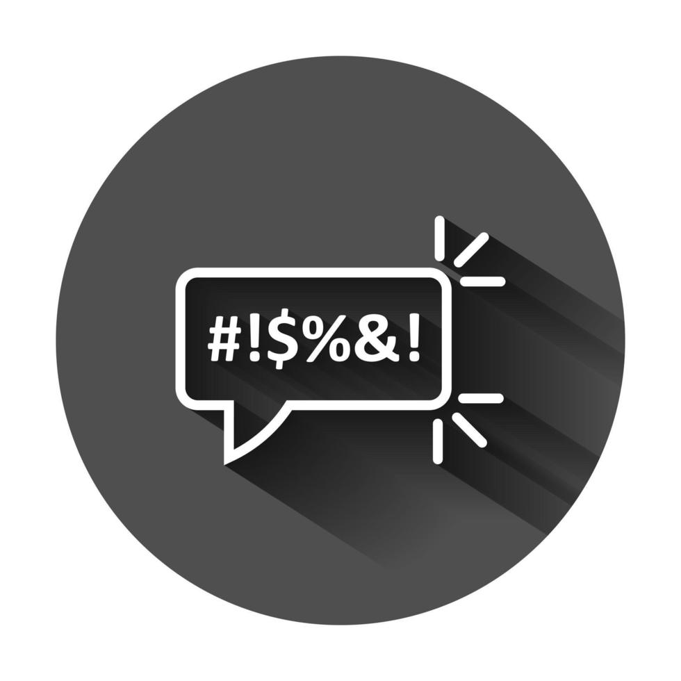 Shout speech bubble icon in flat style. Complain vector illustration on black round background with long shadow. Angry emotion business concept.