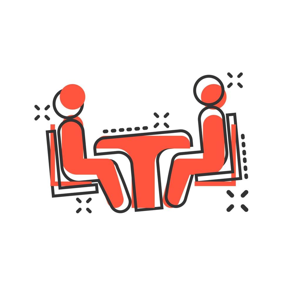 Business consulting icon in comic style. Two people with table vector cartoon illustration on white isolated background. Restaurant dialog business concept splash effect.