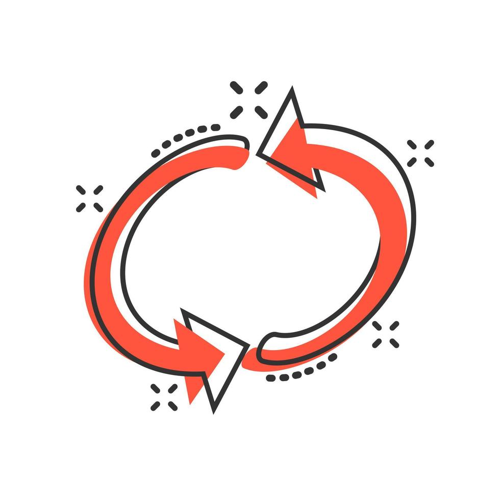 Arrow rotation icon in comic style. Sync action vector cartoon illustration on white isolated background. Refresh button business concept splash effect.