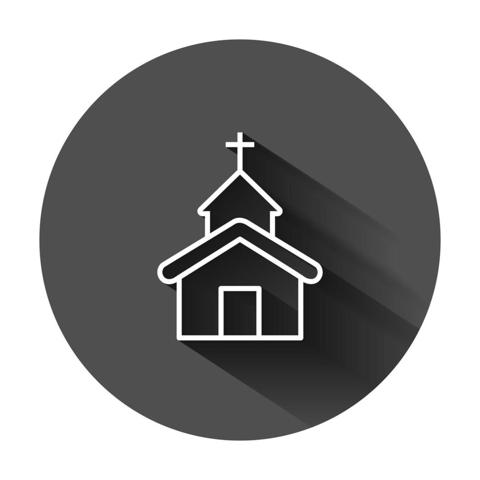 Church icon in flat style. Chapel vector illustration on black round background with long shadow. Religious building business concept.