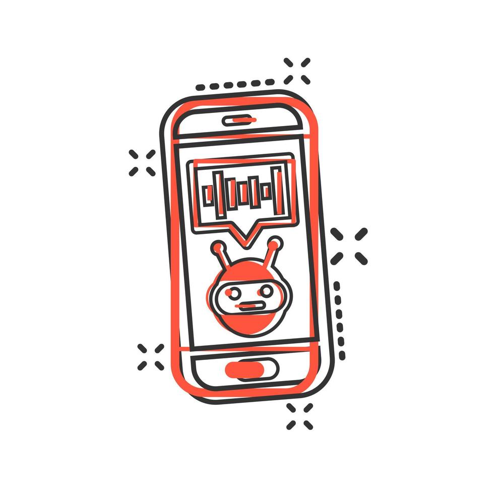 Voice assistant on smartphone icon in comic style. Sound record vector cartoon illustration on white isolated background. Chat recognition business concept splash effect.