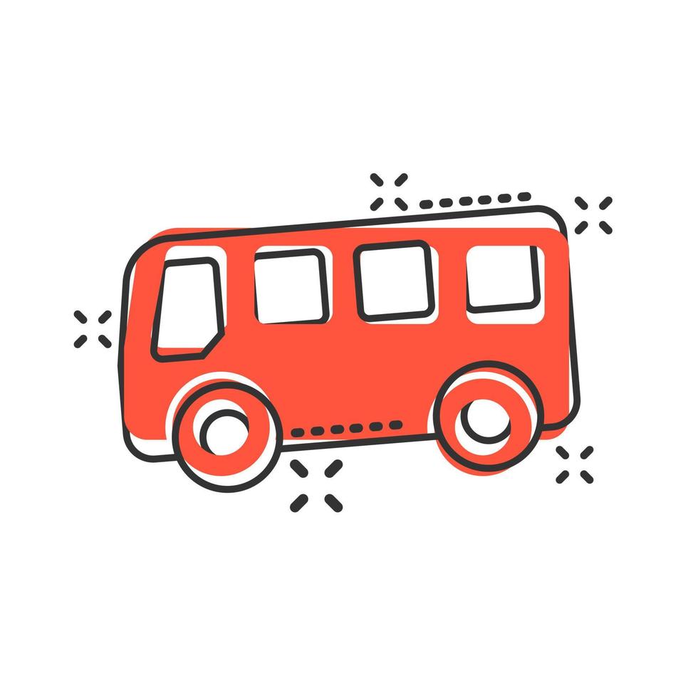 School bus icon in comic style. Autobus vector cartoon illustration on white isolated background. Coach transport business concept splash effect.