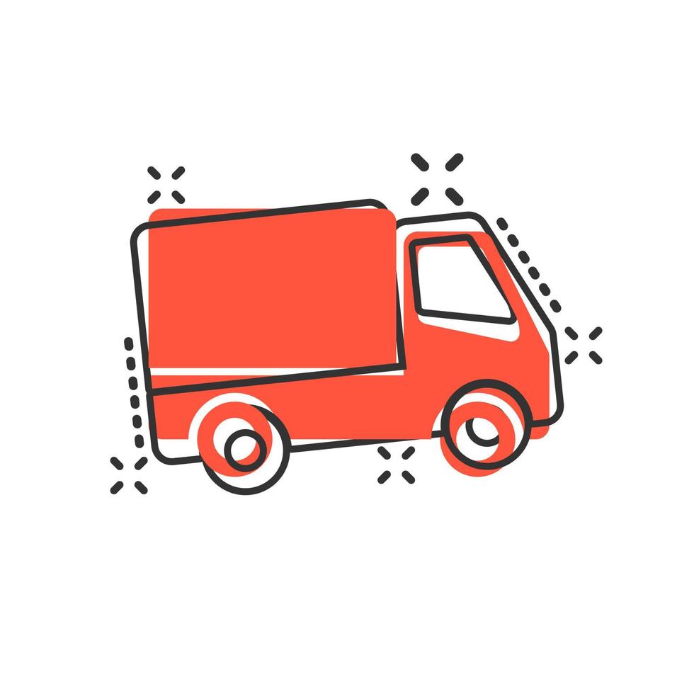 Delivery truck sign icon in comic style. Van vector cartoon illustration on white isolated background. Cargo car business concept splash effect.