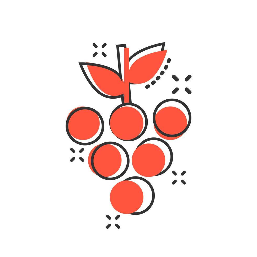 icono de signo de frutas de uva en estilo cómico. ilustración de dibujos animados de vector de vid sobre fondo blanco aislado. efecto de salpicadura de concepto de negocio de uvas de vino.